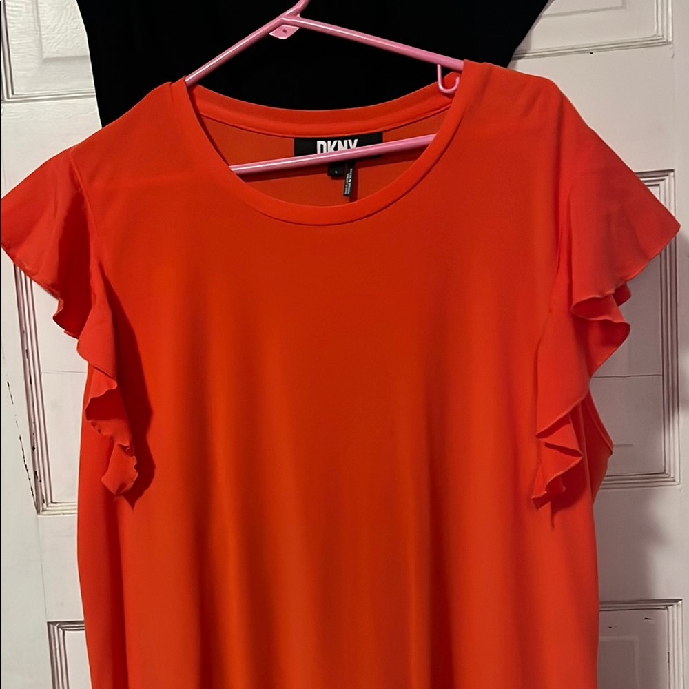 DKNY Women's Orange Ruffle Sleeve Top
